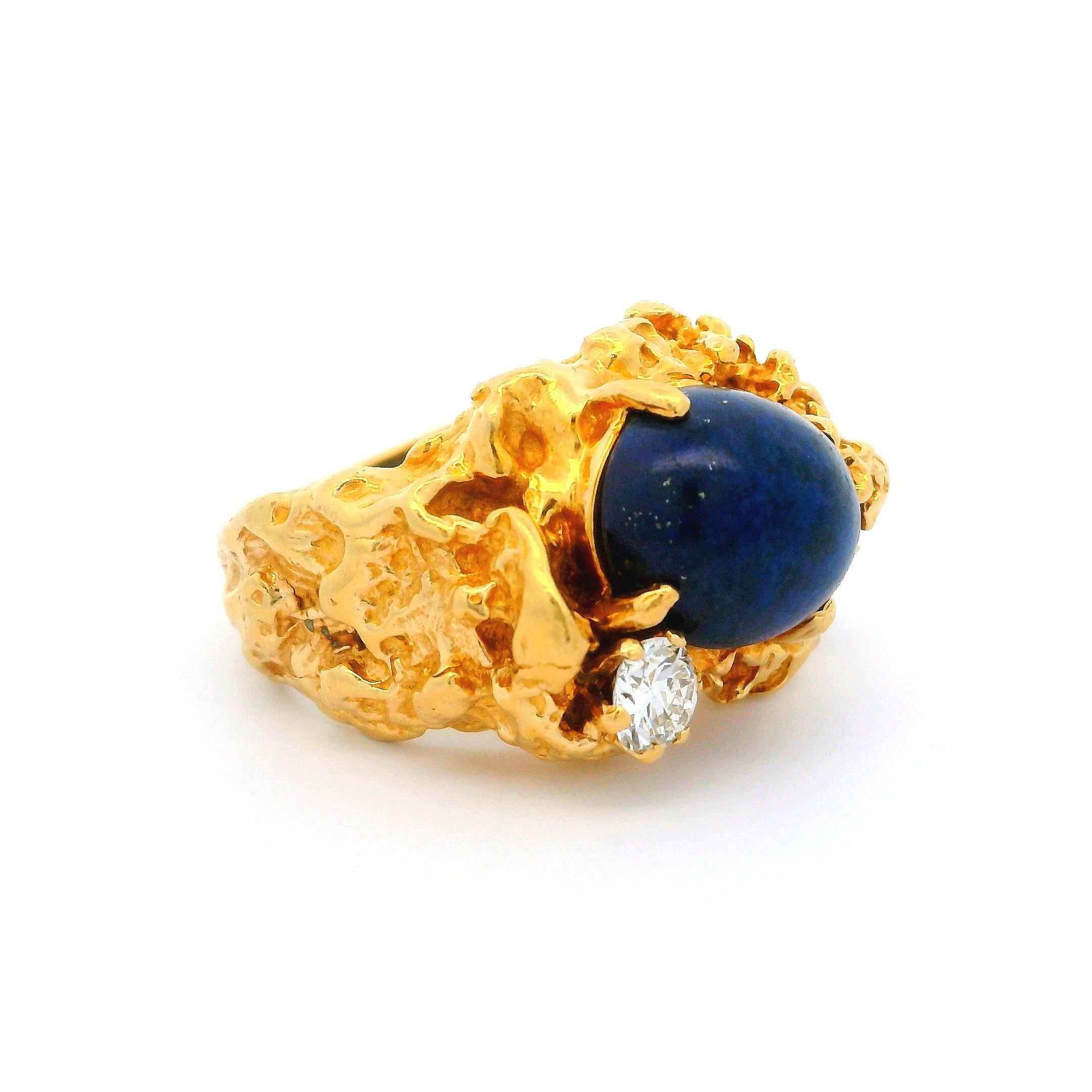--Stone(s):--
(1) Natural Genuine Lapis - Oval Cabochon Cut - Prong Set - Deep Blue Color - 11.8x9.9mm (approx.)
(1) Natural Genuine Diamond - Old European Cut - Multi Prong Set - H/I Color - VS2 Clarity - 0.30ct

Material: Solid 14k Yellow