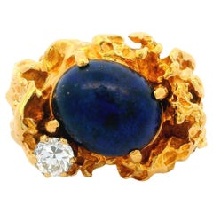 Anillo vintage de oro amarillo de 14k con cabujón ovalado de lapislázuli y pepita de diamante