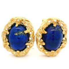 Boutons de manchette vintage en or jaune 14 carats avec cabochon ovale, lapis-lazuli et pépites ouvertes