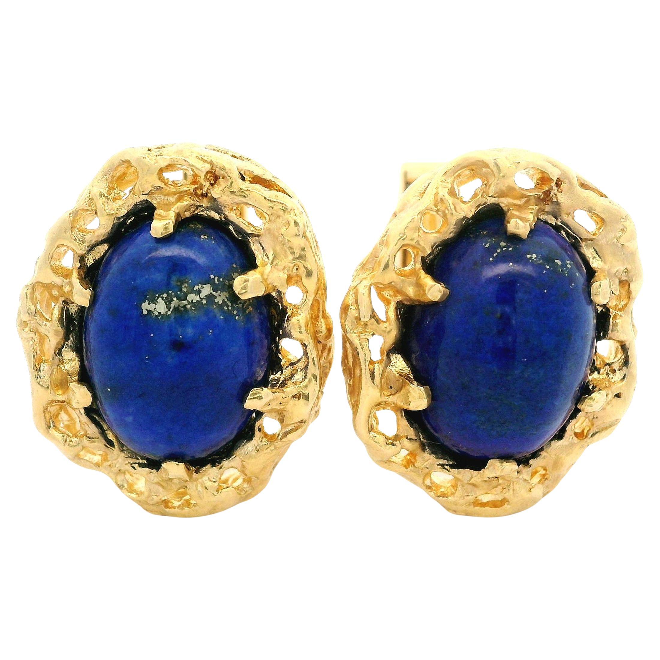 Vintage 14k Yellow Gold Oval Cabochon Lapis Lazuli Open Work Nugget Cufflinks