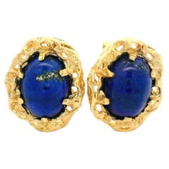 Vintage 14k Yellow Gold Oval Cabochon Lapis Lazuli Open Work Nugget Cufflinks