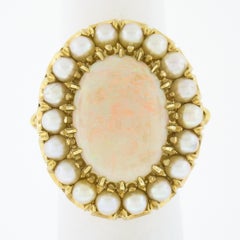 Vintage 14K Yellow Gold Oval Cabochon Opal Solitaire & Pearl Bead Cocktail Ring