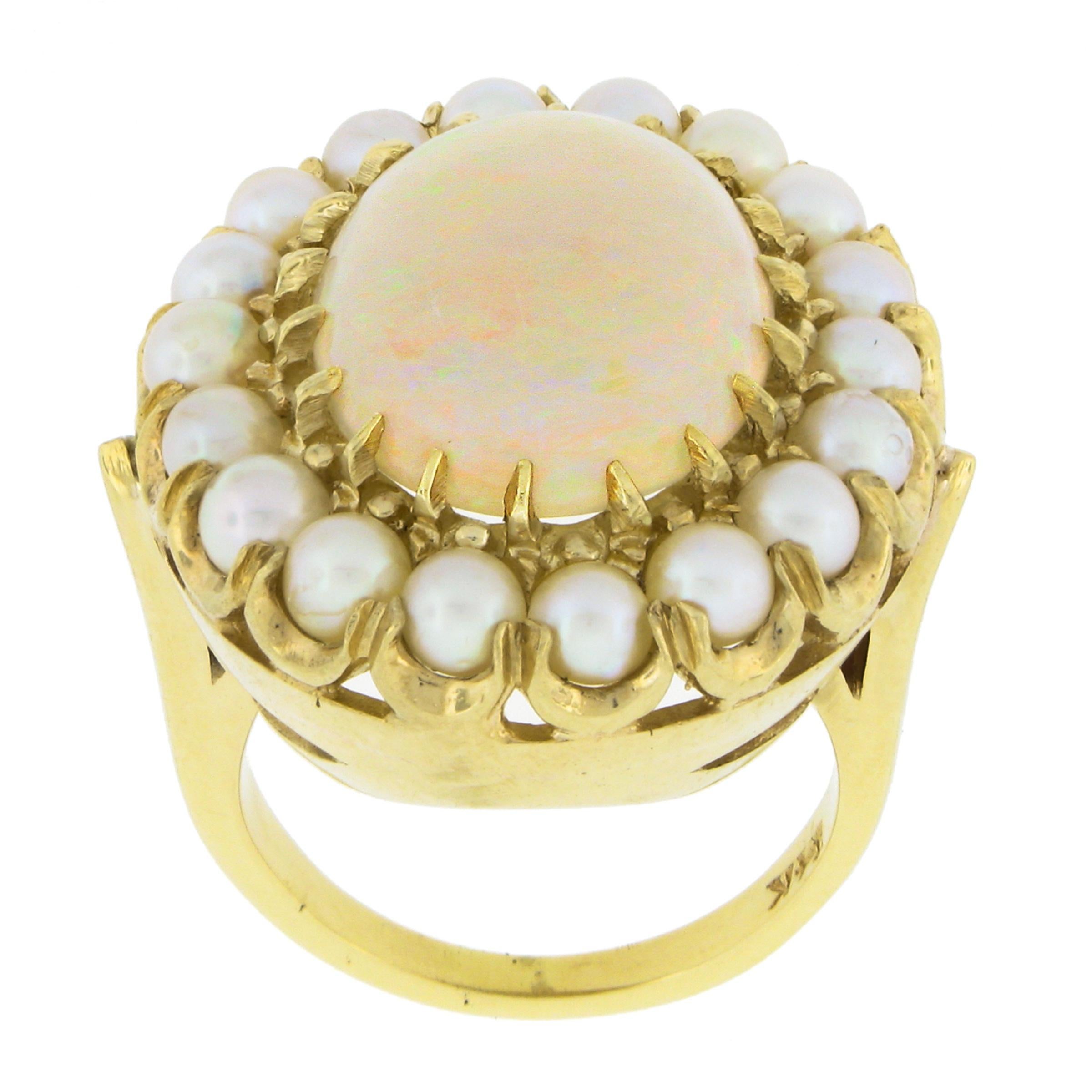 Vintage 14K Yellow Gold Oval Cabochon Opal Solitaire & Pearl Bead Cocktail Ring For Sale 1