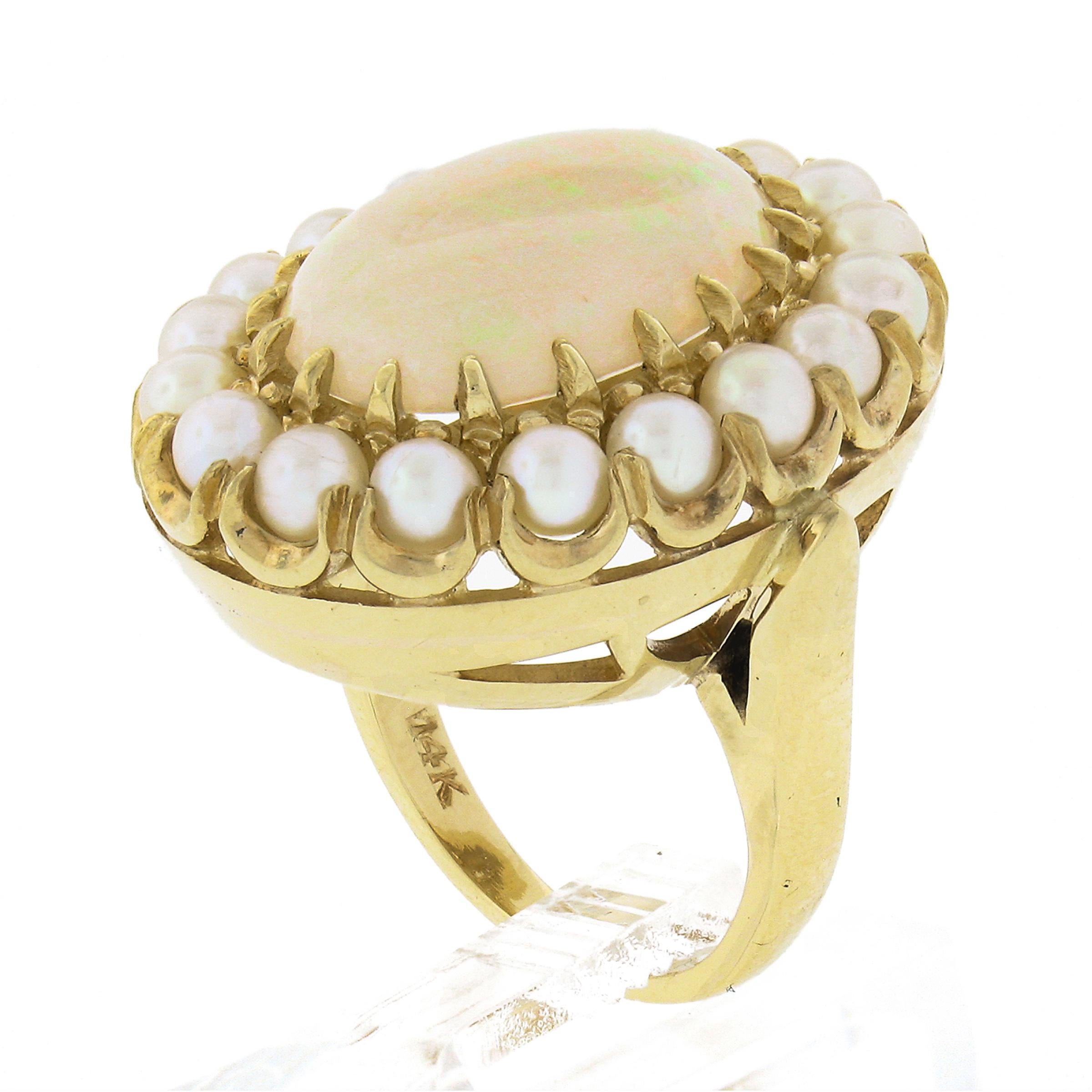 Vintage 14K Yellow Gold Oval Cabochon Opal Solitaire & Pearl Bead Cocktail Ring For Sale 2