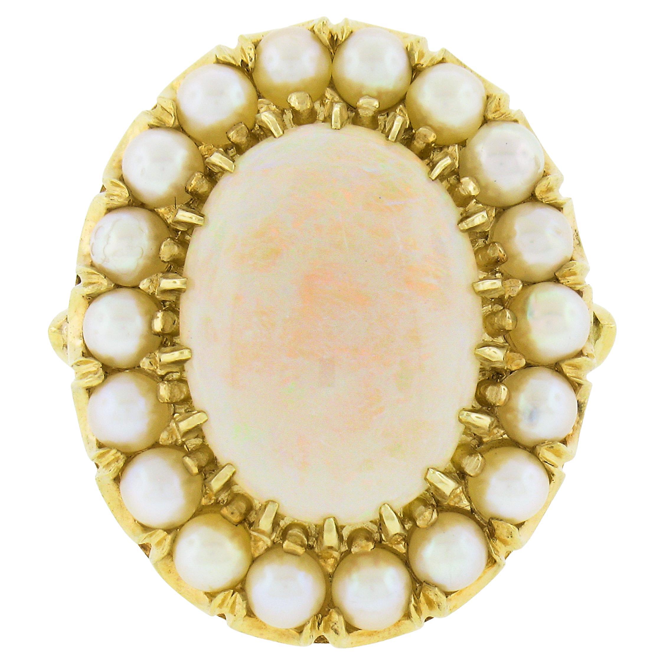 Vintage 14K Yellow Gold Oval Cabochon Opal Solitaire & Pearl Bead Cocktail Ring
