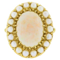 Vintage 14K Yellow Gold Oval Cabochon Opal Solitaire & Pearl Bead Cocktail Ring