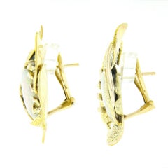 Vintage 14K Yellow Gold Oval Cabochon Opal Textured Floral Leaf Frame Earrings