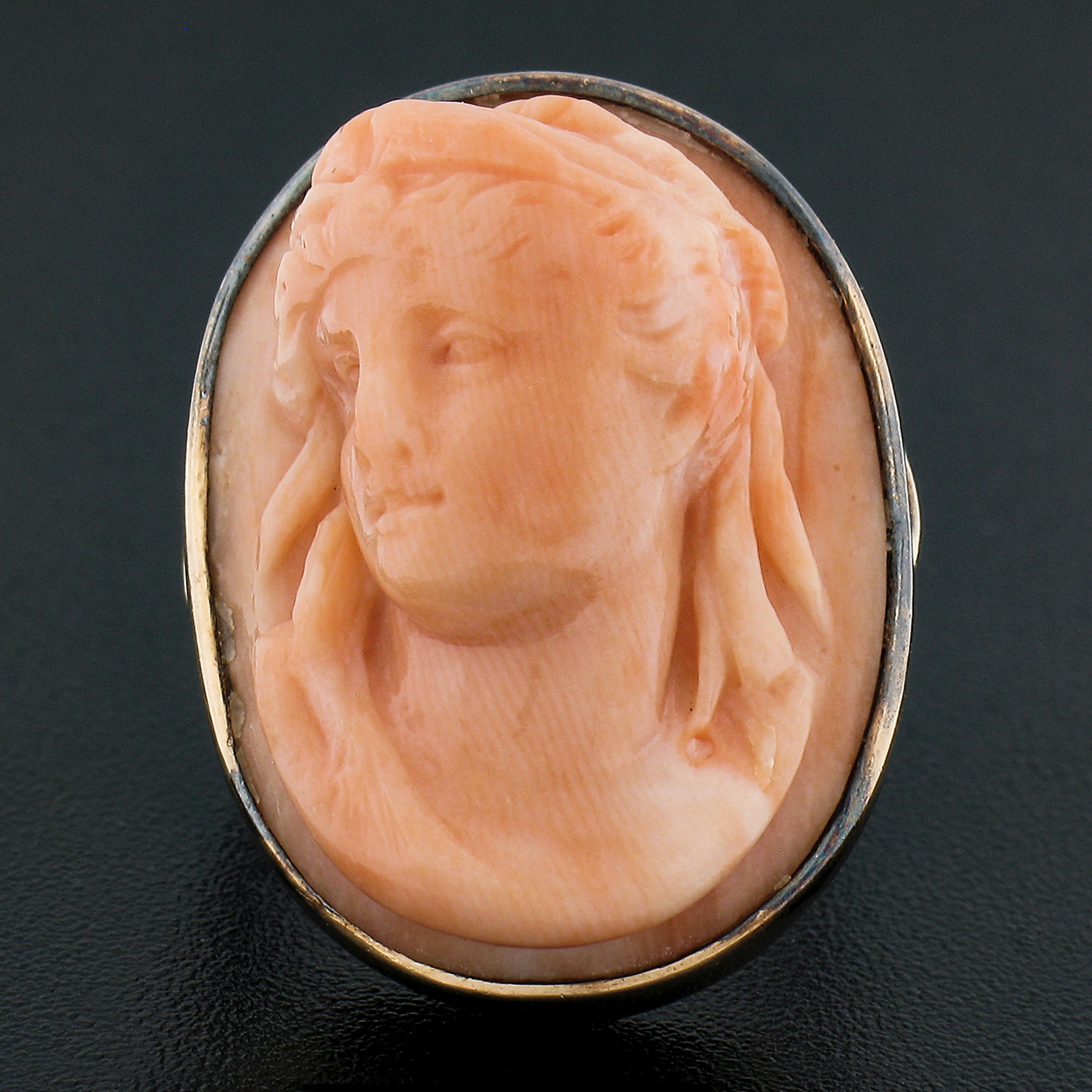 Oval Cut Vintage 14k Yellow Gold Oval Carved Coral Cameo High Relief Bezel Ring For Sale