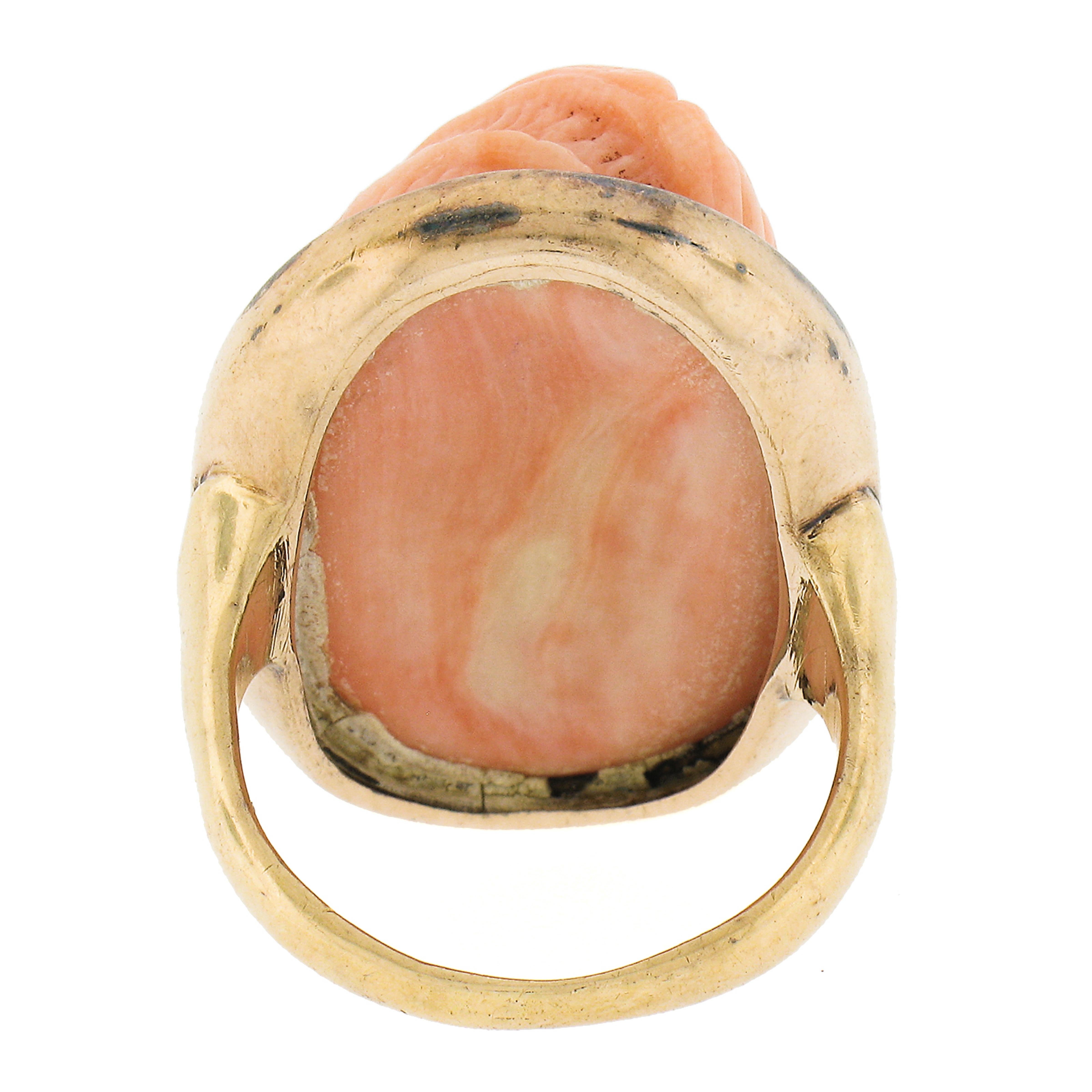Vintage 14k Yellow Gold Oval Carved Coral Cameo High Relief Bezel Ring For Sale 2