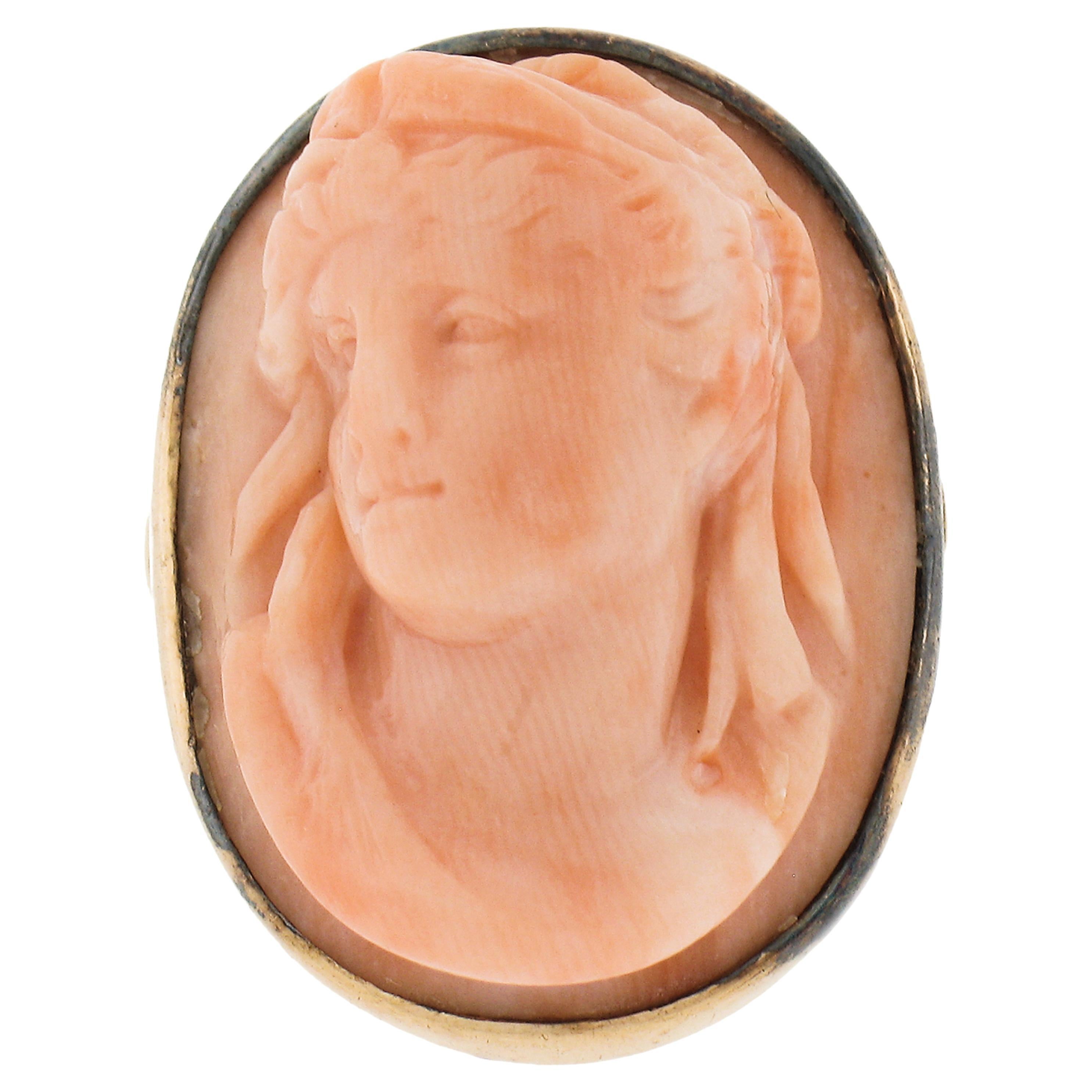 Vintage 14k Yellow Gold Oval Carved Coral Cameo High Relief Bezel Ring For Sale