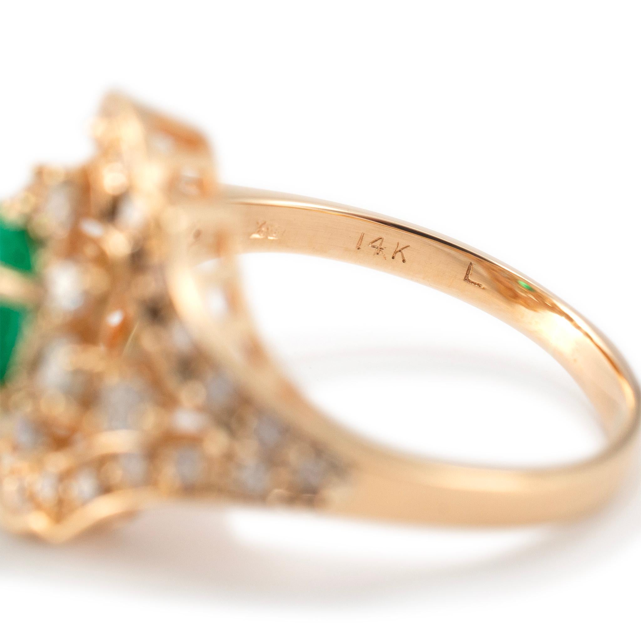 Vintage 14K Yellow Gold Oval Emerald Halo Accented Diamond Shield Cocktail Ring For Sale 1