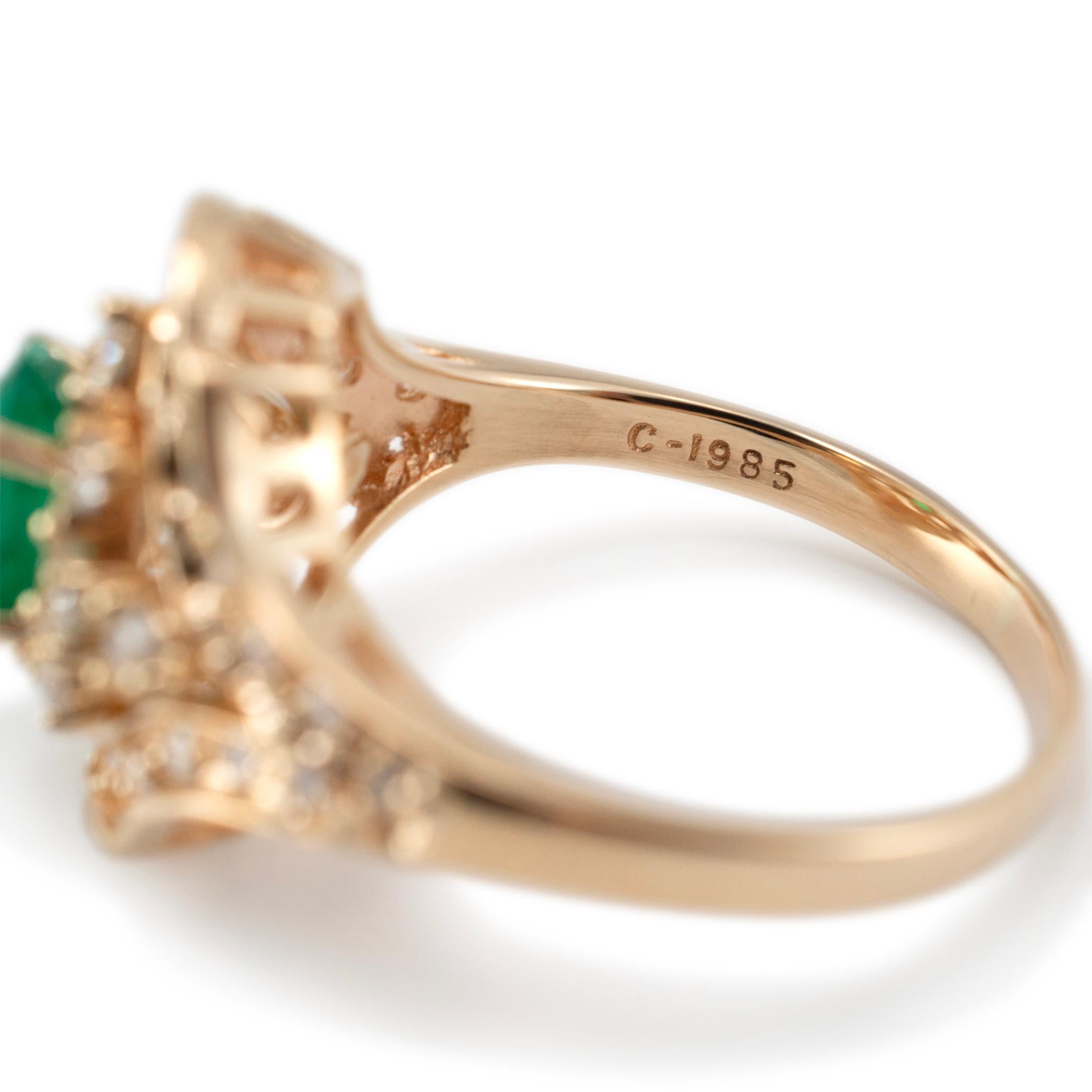 Vintage 14K Yellow Gold Oval Emerald Halo Accented Diamond Shield Cocktail Ring For Sale 2