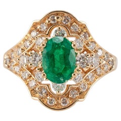 Vintage By in oro giallo 14K Anello cocktail con smeraldo ovale aureolato e diamanti a scudo