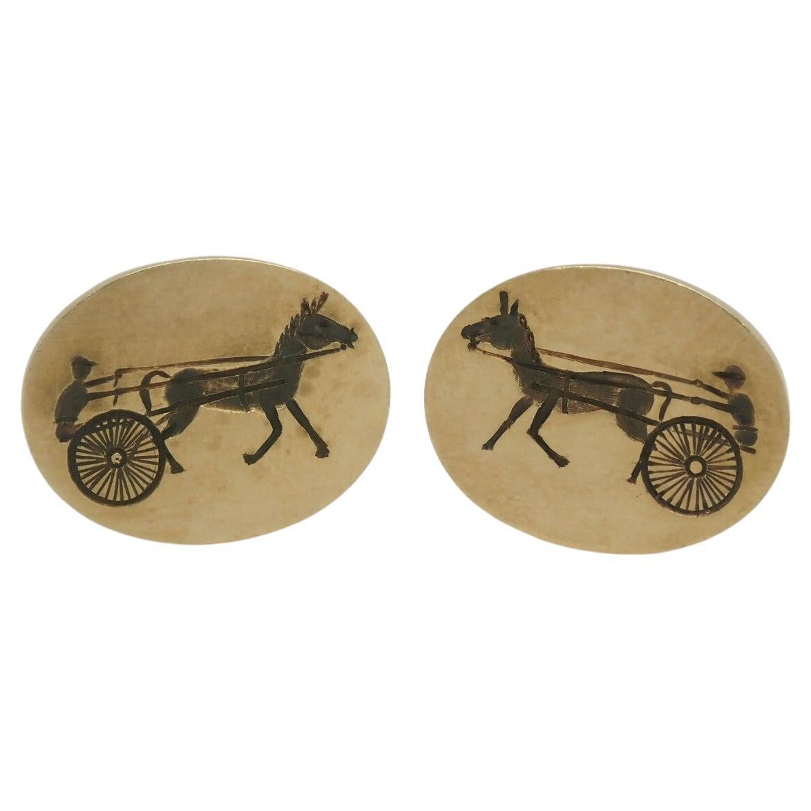 Vintage 14k Yellow Gold Oval Horse & Carriage Cufflinks - 26.6g