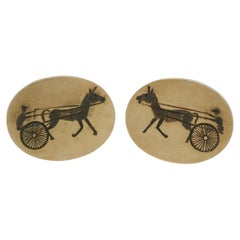 Vintage 14k Yellow Gold Oval Horse & Carriage Cufflinks - 26.6g