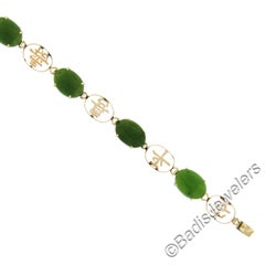 Vintage 14k Yellow Gold Oval Jade Chinese Open Work Symbol Letters Link Bracelet