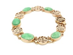 Vintage 14k Yellow Gold Oval Jade w/ Chinese Symbol Link Chain Bracelet