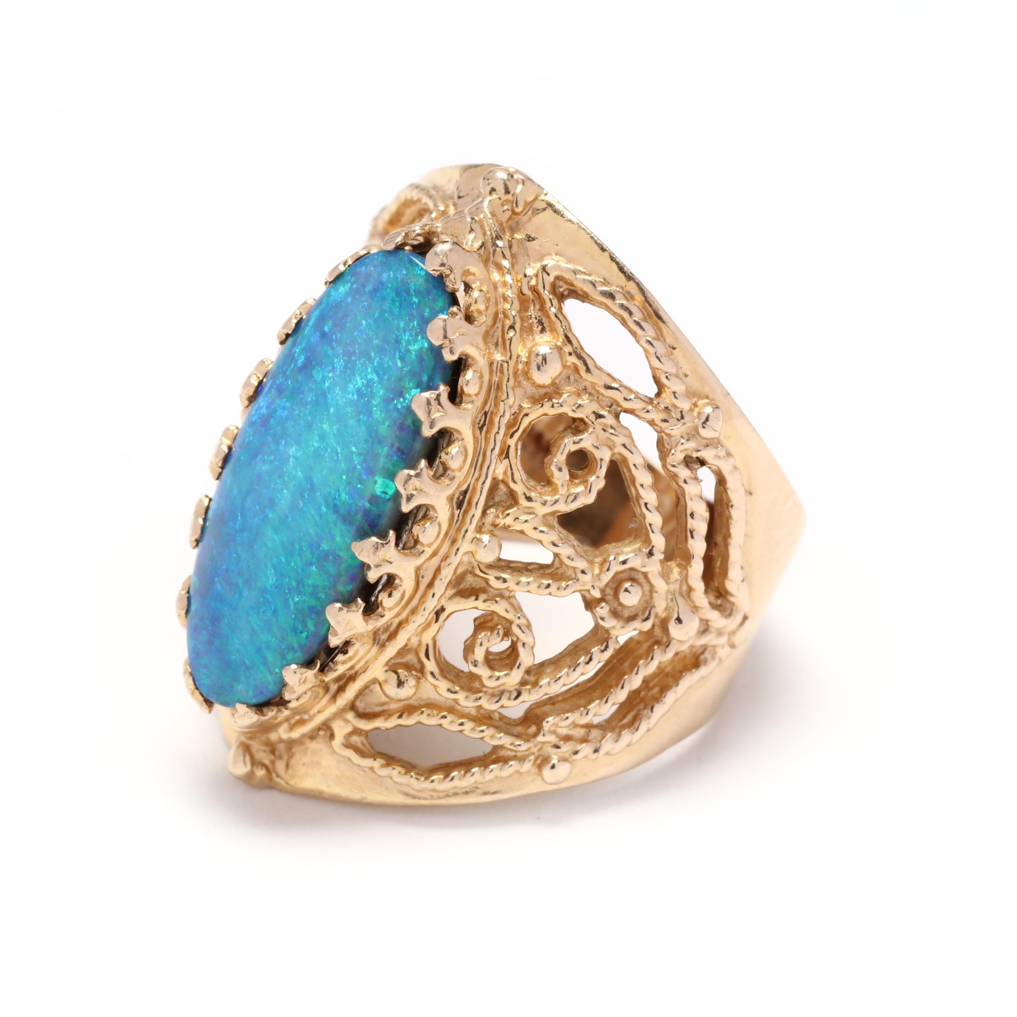 Vintage 14K Yellow Gold Oval Opal Filigree Navette Statement Ring In Good Condition For Sale In McLeansville, NC