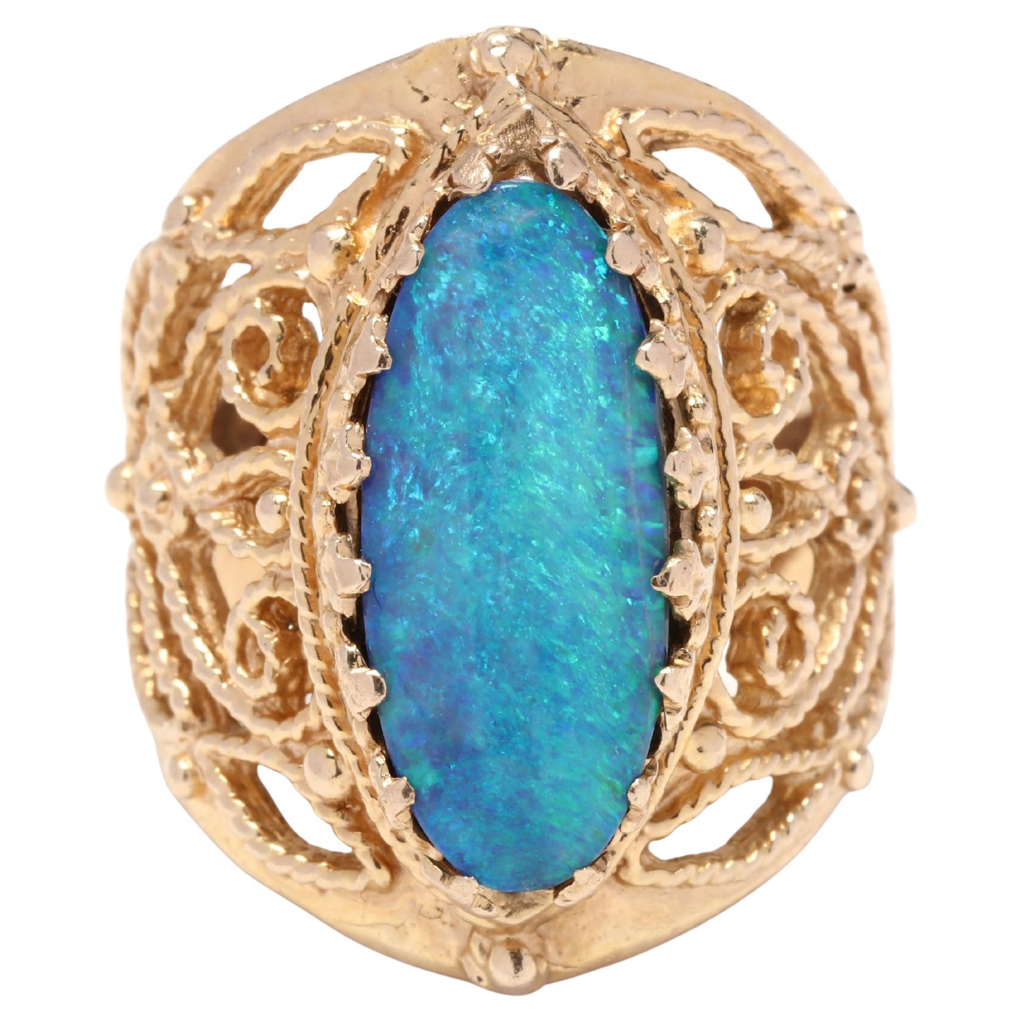 Vintage 14K Yellow Gold Oval Opal Filigree Navette Statement Ring