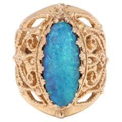 Vintage 14K Yellow Gold Oval Opal Filigree Navette Statement Ring
