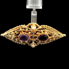 Vintage 14k Yellow Gold Oval Open Work Amethyst & Seed Pearl Brooch Pin