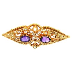 Vintage 14k Yellow Gold Oval Open Work Amethyst & Seed Pearl Brooch Pin