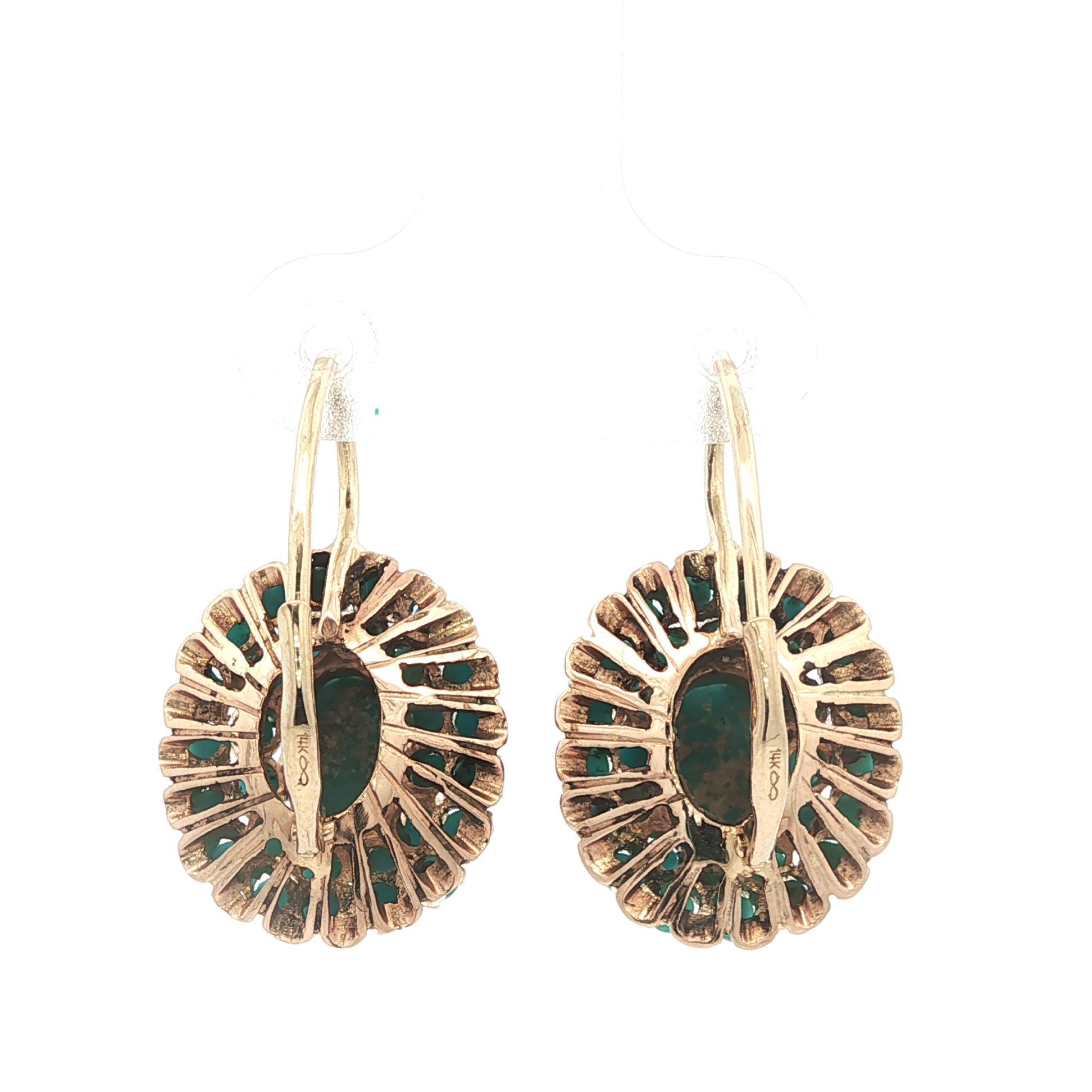 Orecchini pendenti a grappolo in oro giallo 14k con turchesi ovali e rotondi In condizioni buone in vendita a Montclair, NJ