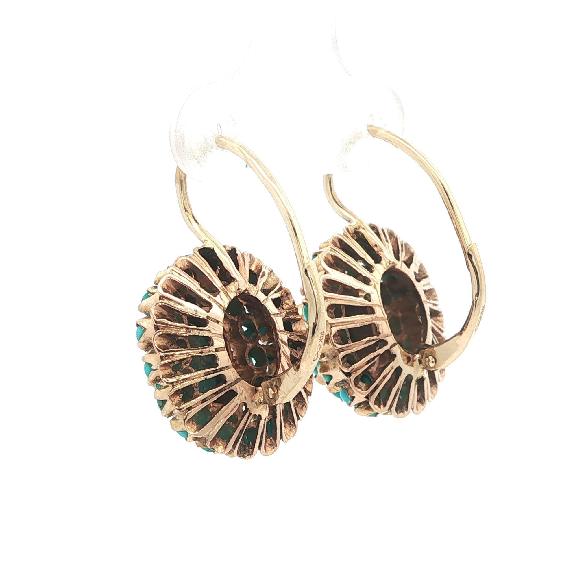 Donna Orecchini pendenti a grappolo in oro giallo 14k con turchesi ovali e rotondi in vendita