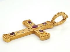 Vintage 14 Karat Yellow Gold Oval Ruby and Diamond Cross Pendant