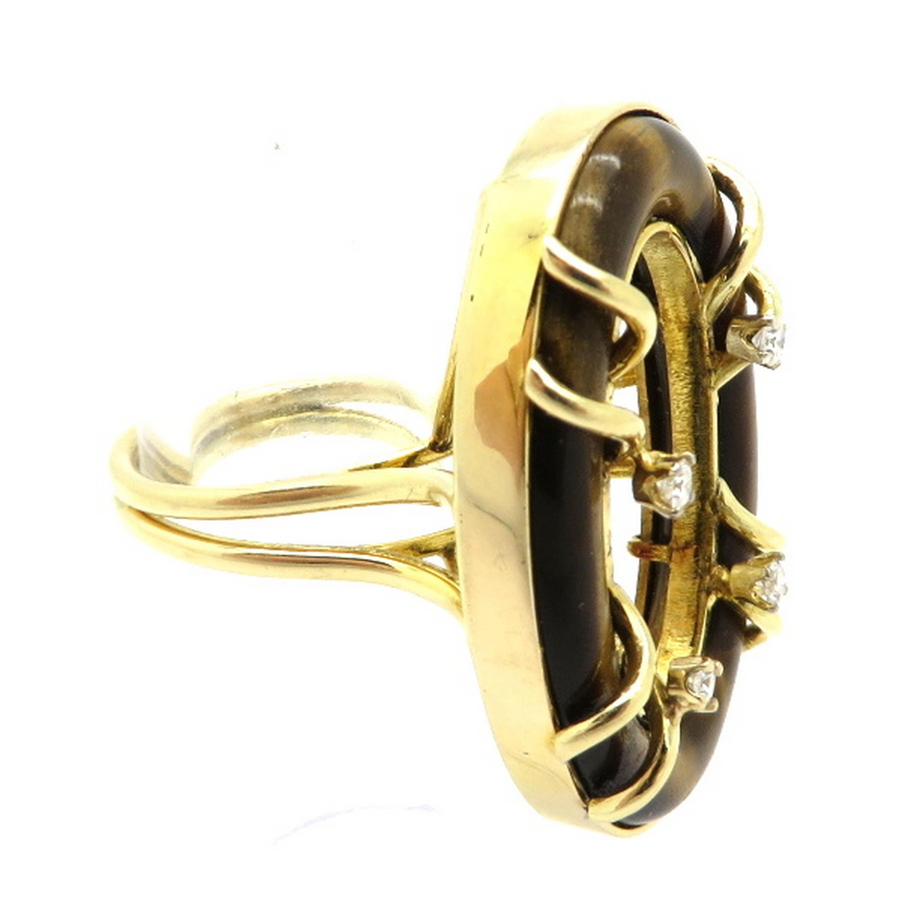 Oval Cut Vintage 14 Karat Yellow Gold Oval Tiger's Eye Fashion Ring with Diamonds For Sale