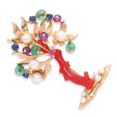 Vintage 14k Yellow Gold Ox Blood Coral and Multi-Stone Tree Brooch
