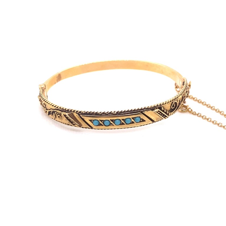 Vintage 14K Yellow Gold Oxidized Turquoise Bangle For Sale at 1stDibs