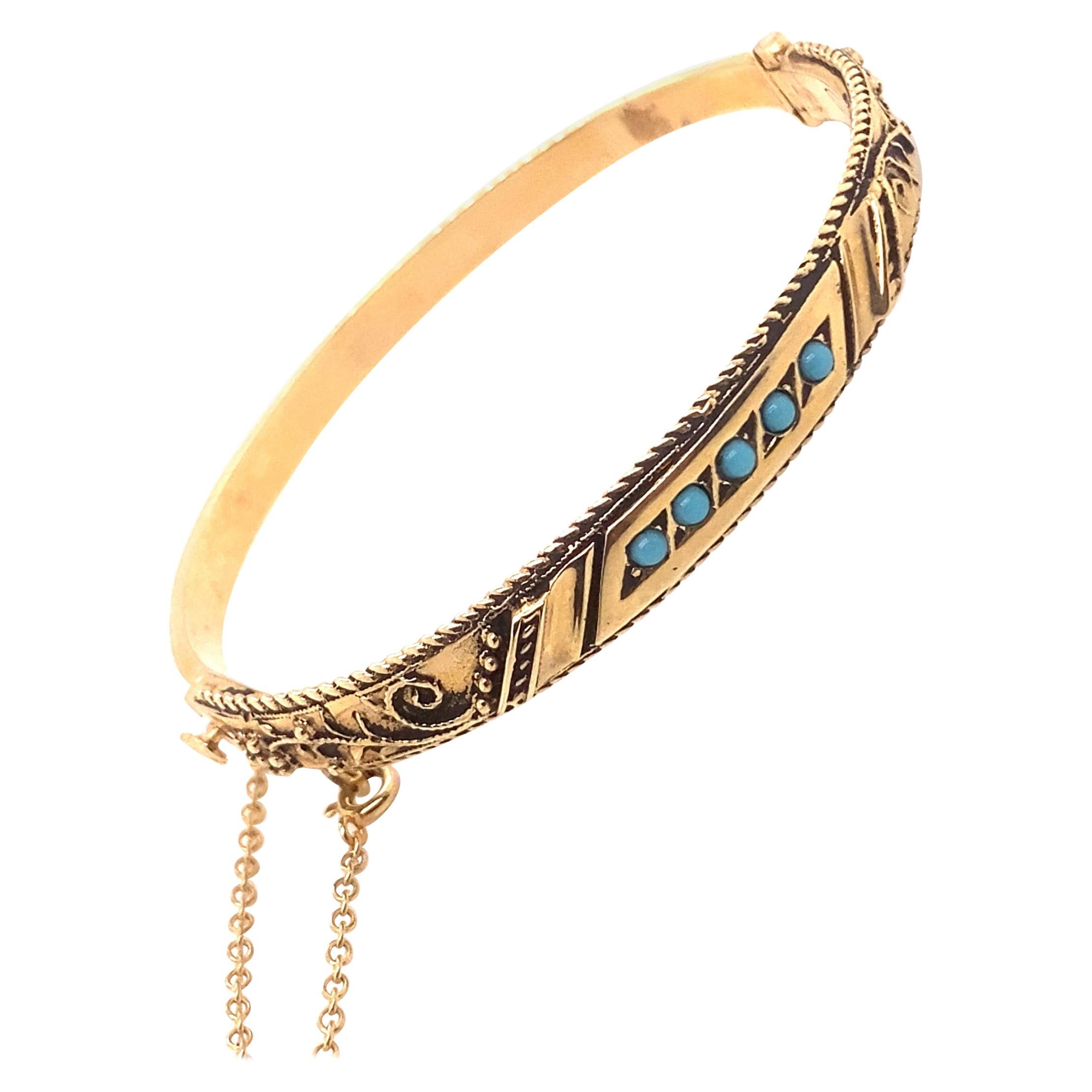Vintage 14K Yellow Gold Oxidized Turquoise Bangle For Sale