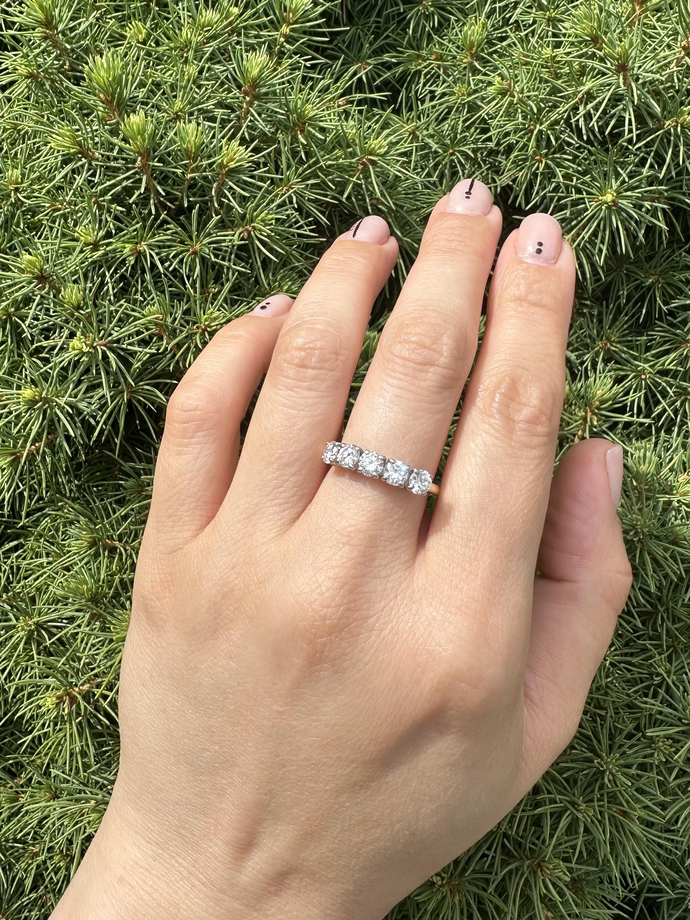 Vintage 14k Gelbgold & Palladium 1,40ctw 5 Diamant Stack Hochzeit Band Ring im Angebot 5