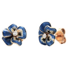 Vintage 14K Yellow Gold Pansy Flower Stud Earrings with Blue Enamel and Diamonds