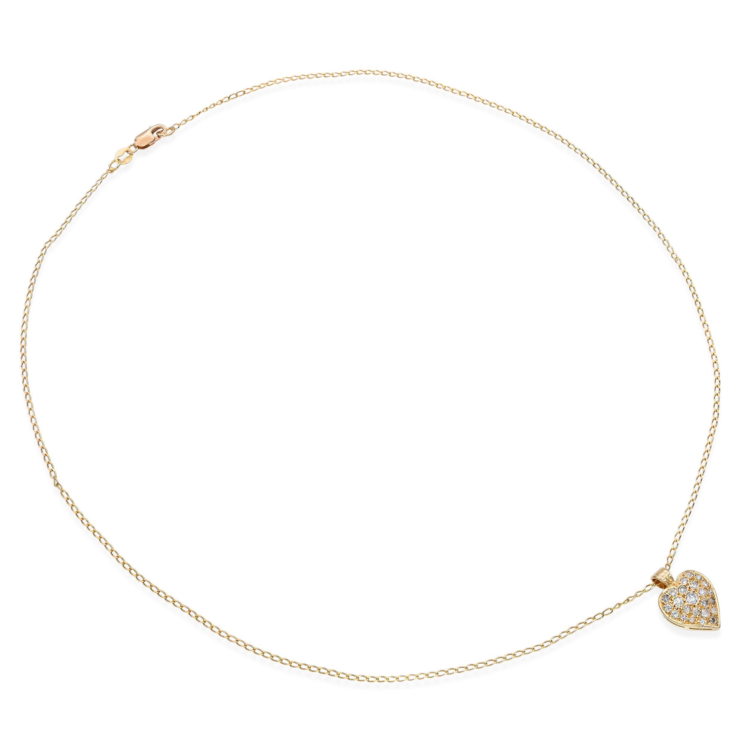 Diese charmante Vintage-Halskette hat einen romantischen herzförmigen Anhänger, der mit runden Brillanten in Pavé-Fassung funkelt. Die Steine sind dicht nebeneinander auf der Oberfläche gefasst, wodurch ein strahlender, lichtdurchlässiger Effekt