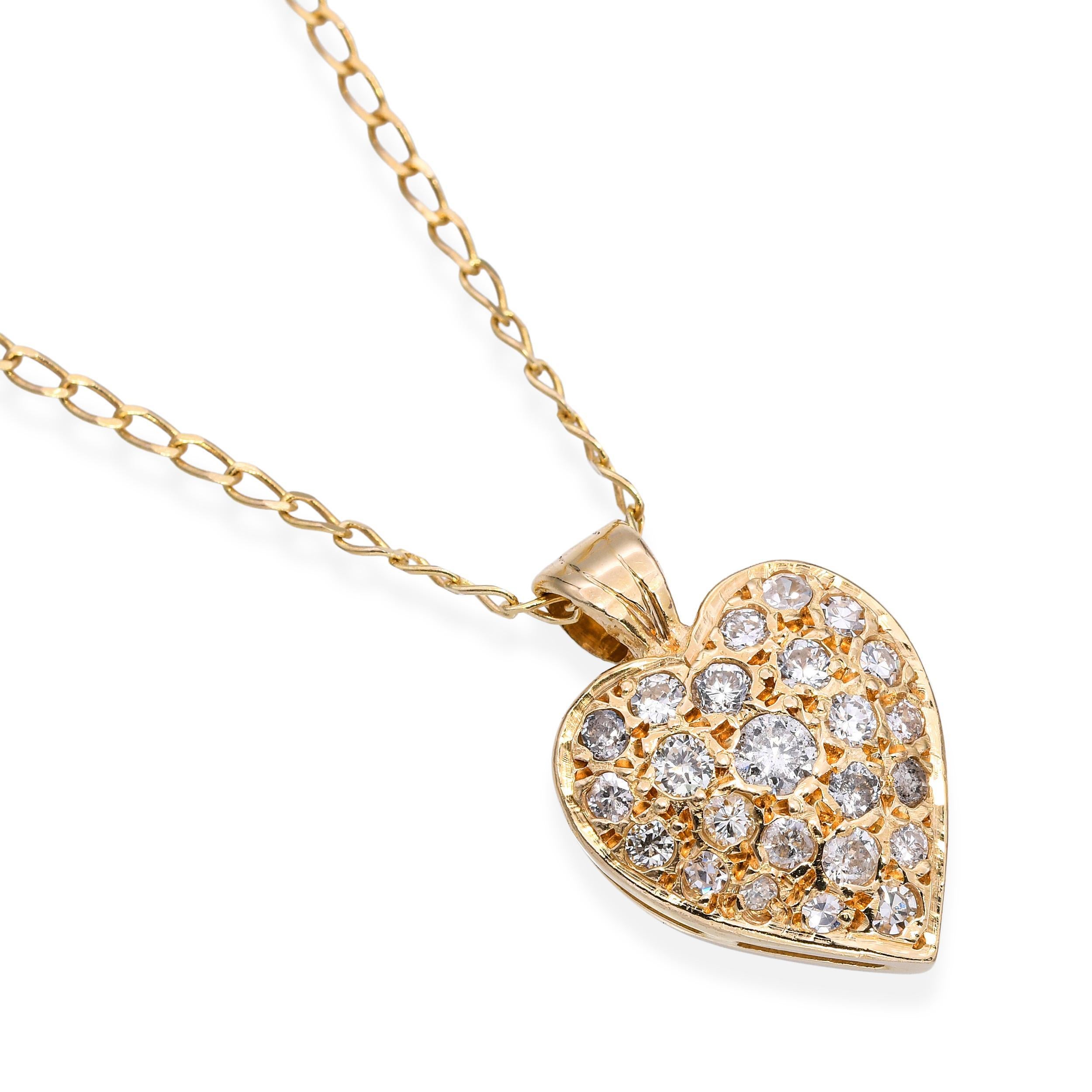 Vintage 14k Gelbgold Pavé 0,40tcw Diamant Herz Anhänger Halskette im Zustand „Gut“ im Angebot in New York, NY