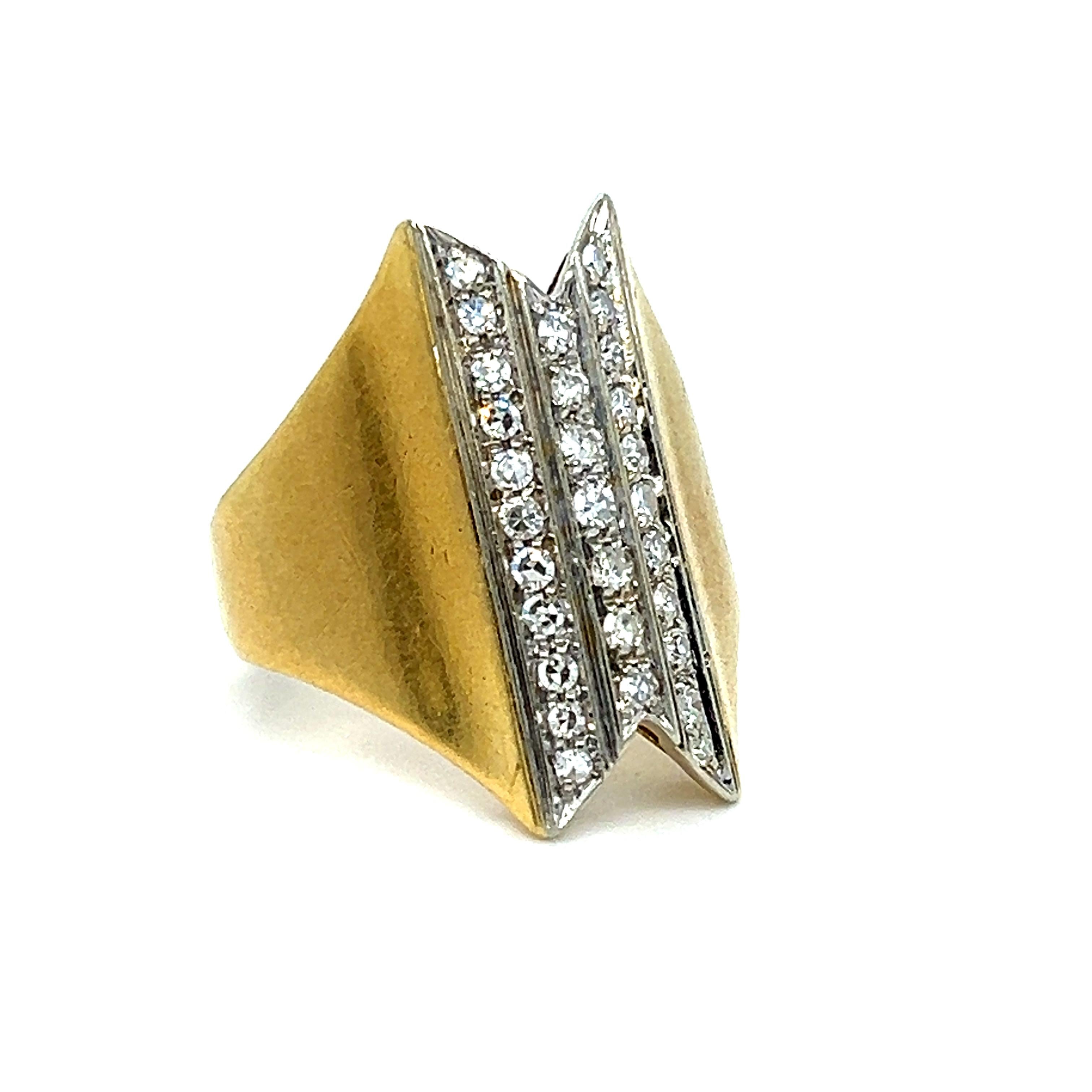 This Fantastic Modernist Vintage Pave Diamond Ring truly is one of a kind! Crafted in 18K Yellow Gold, the design features wonderful verticle rows of Pave Set Diamonds set in a unique center cutout, creating a dramatic effect!  There are a total of