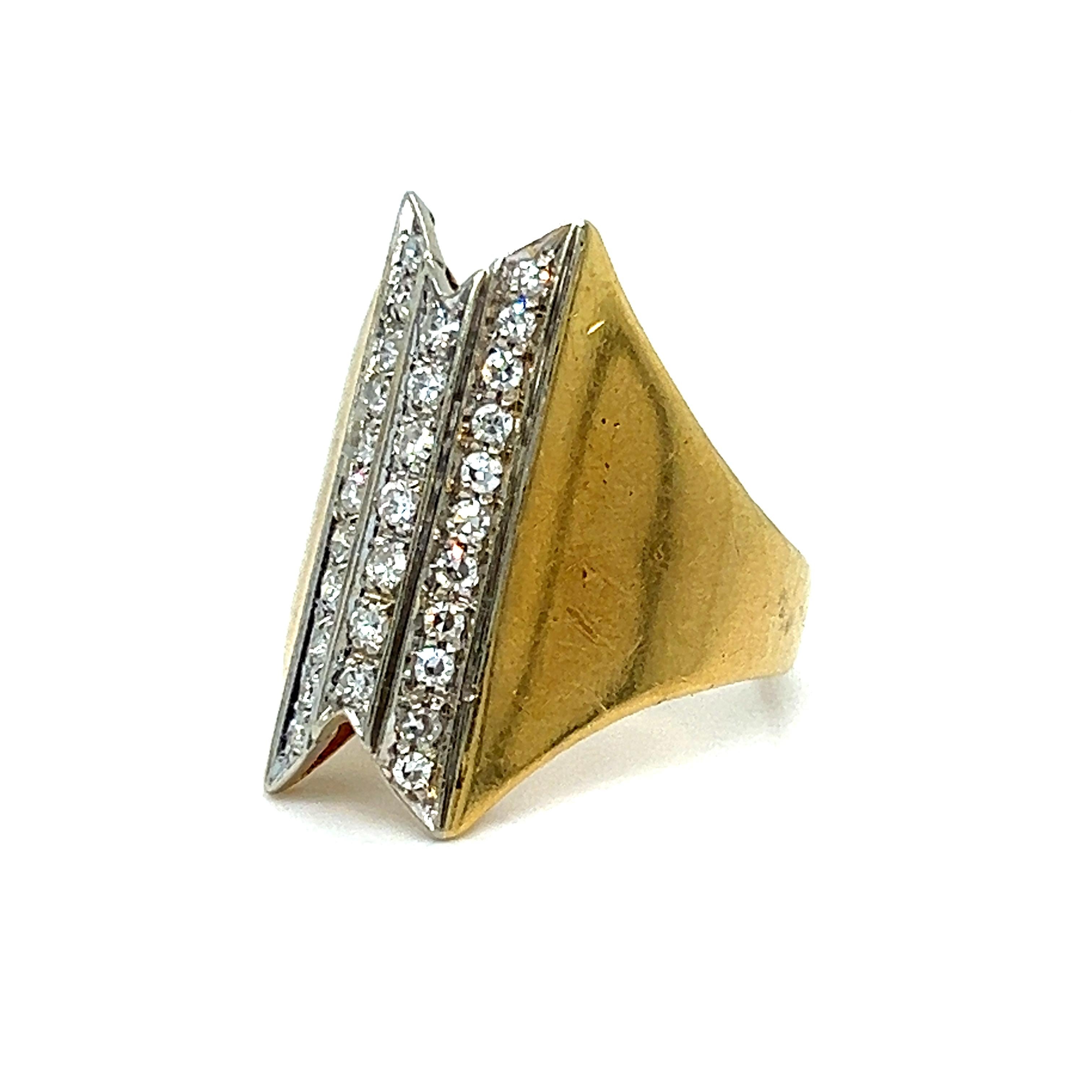 Single Cut Vintage 14K Yellow Gold Pave Diamond Modernist Ring - 0.58ct. For Sale