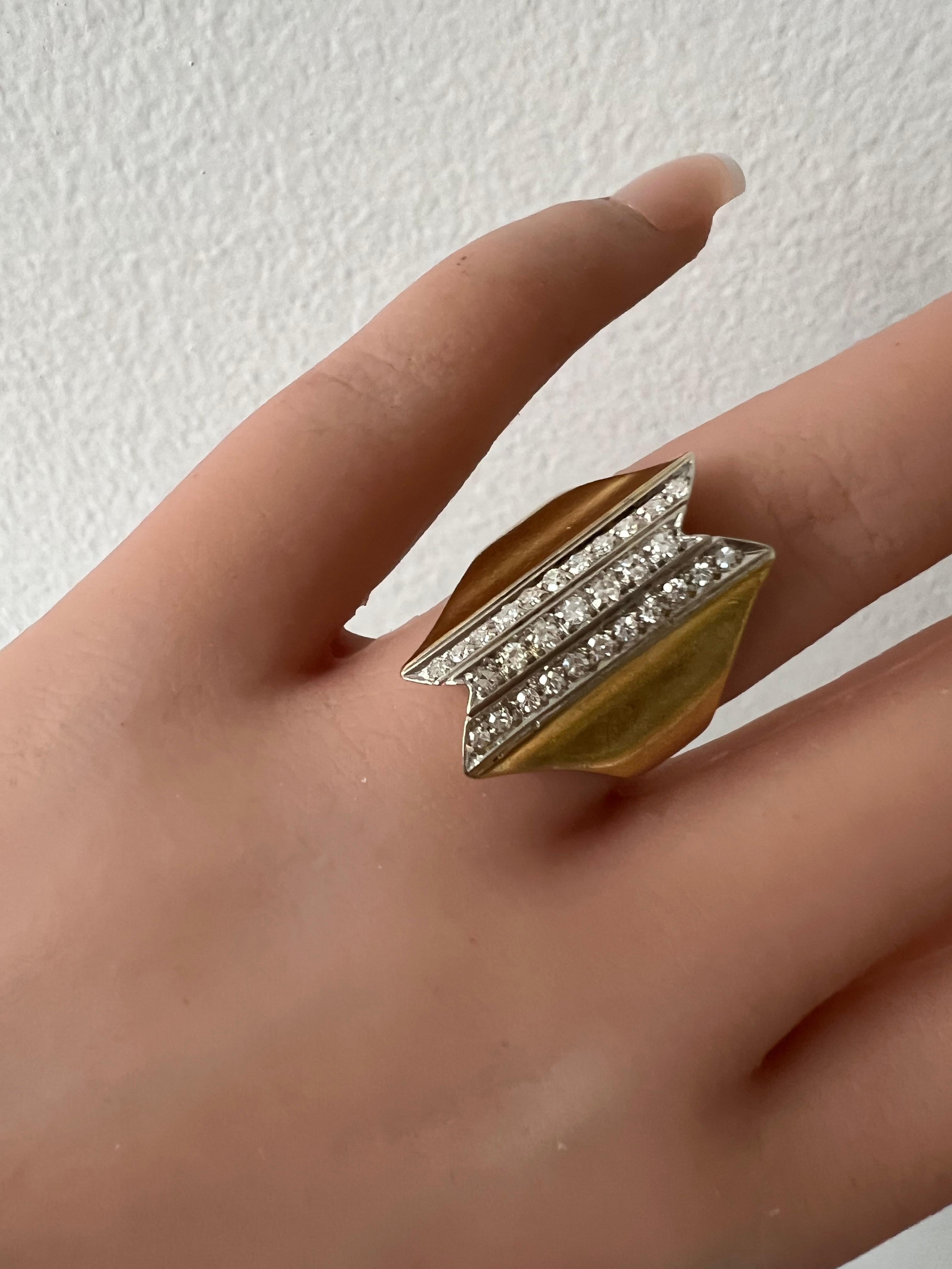 Women's or Men's Vintage 14K Yellow Gold Pave Diamond Modernist Ring - 0.58ct. For Sale