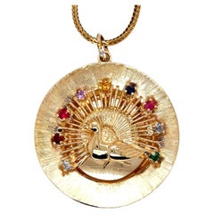 Vintage 14K Yellow Gold Peacock Medallion Pendant/ Slide with Gemstones.