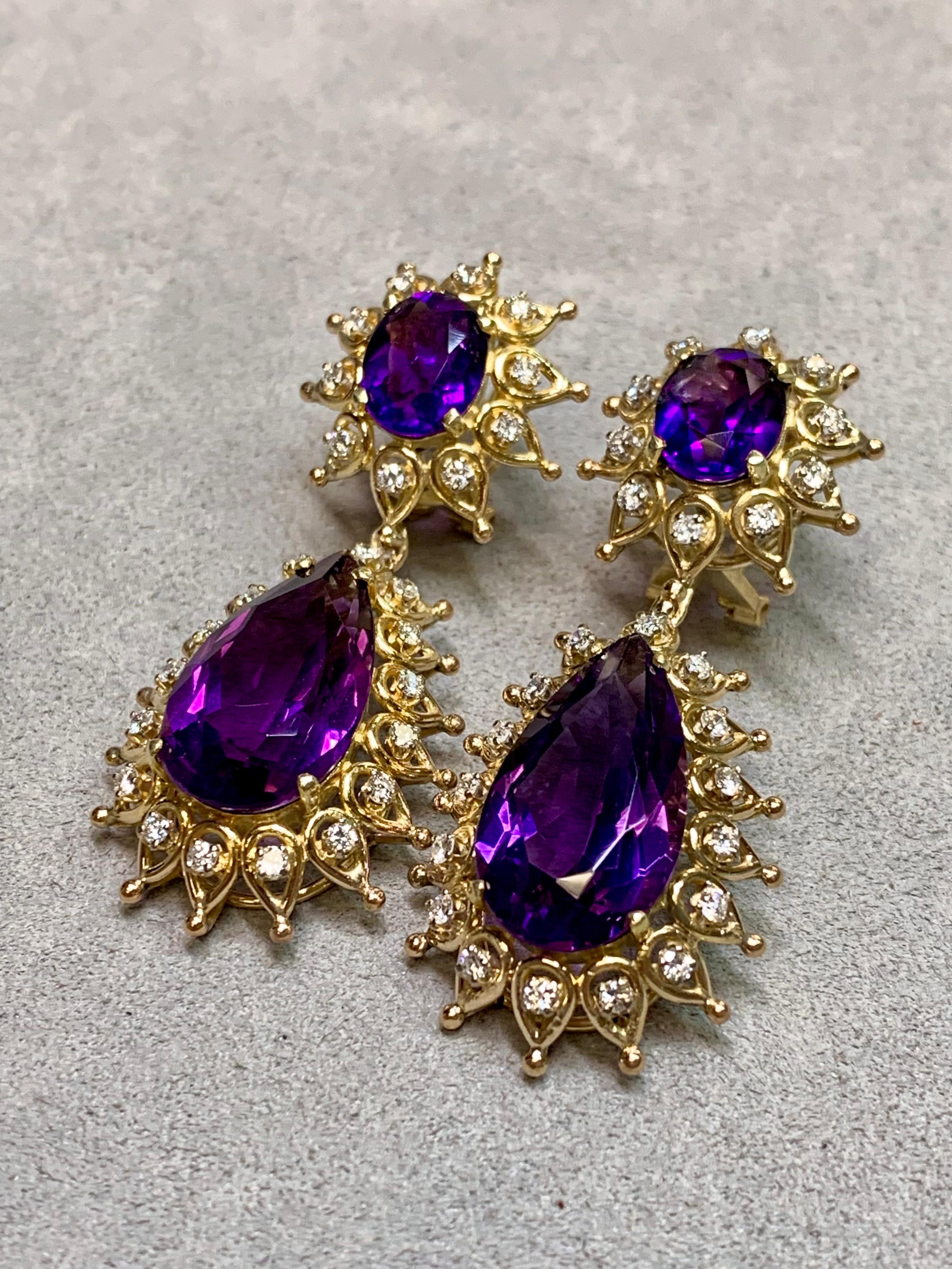 Retro Vintage 14K Yellow Gold Pear Amethyst Diamond Drop Omega Back Earrings 22.56ctw For Sale