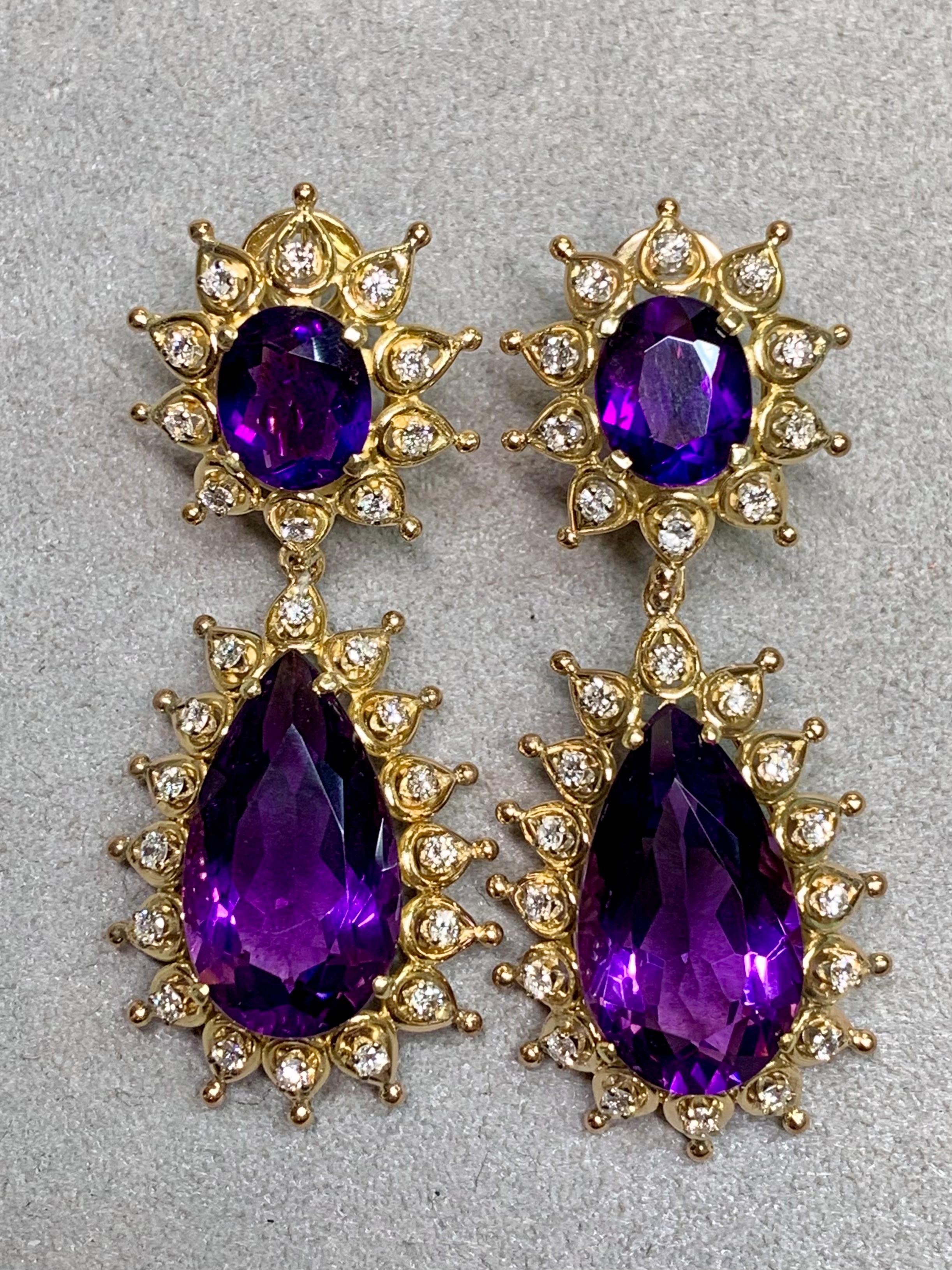 Pear Cut Vintage 14K Yellow Gold Pear Amethyst Diamond Drop Omega Back Earrings 22.56ctw For Sale