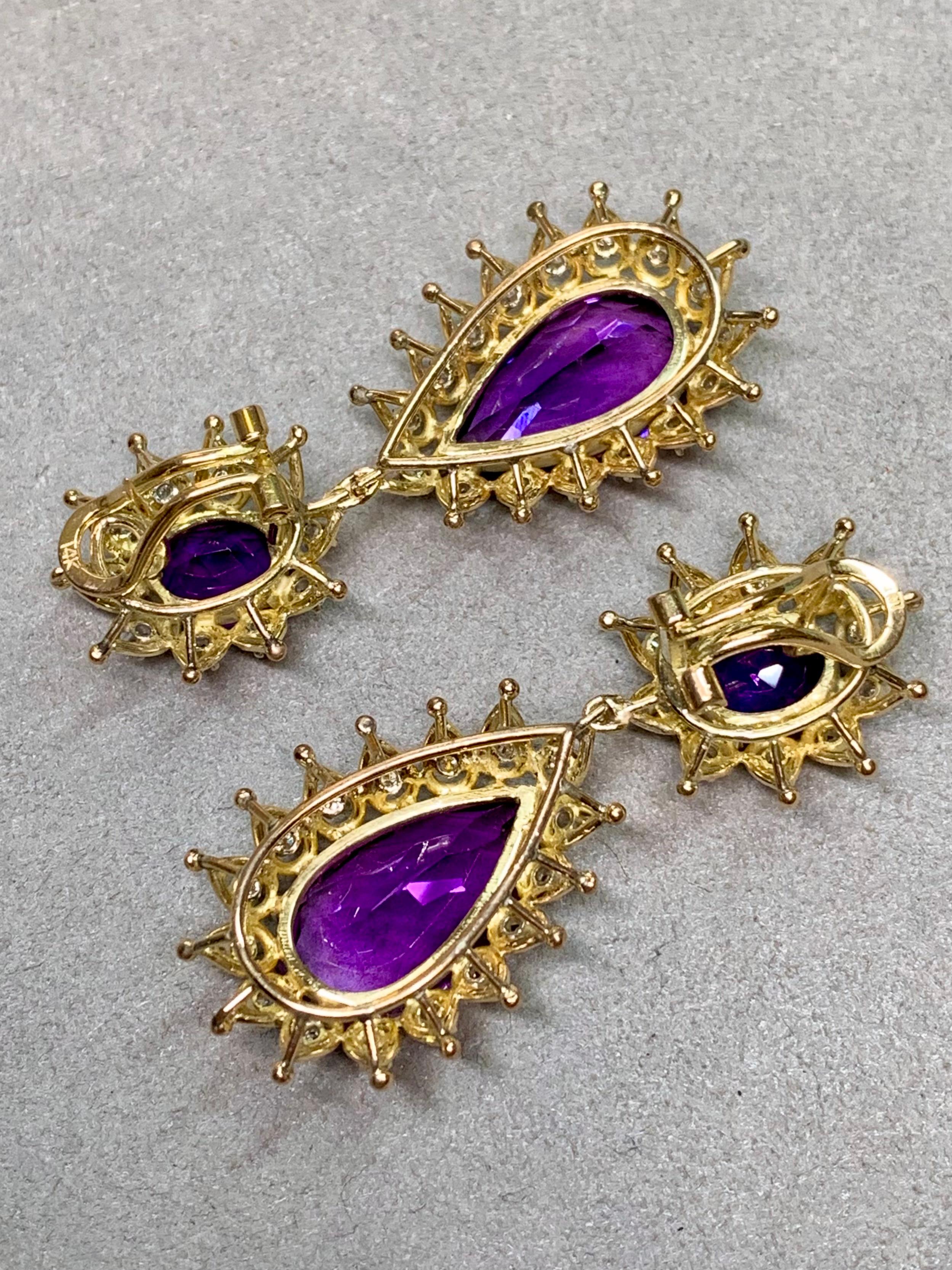 Vintage 14K Yellow Gold Pear Amethyst Diamond Drop Omega Back Earrings 22.56ctw In Good Condition For Sale In Winter Springs, FL