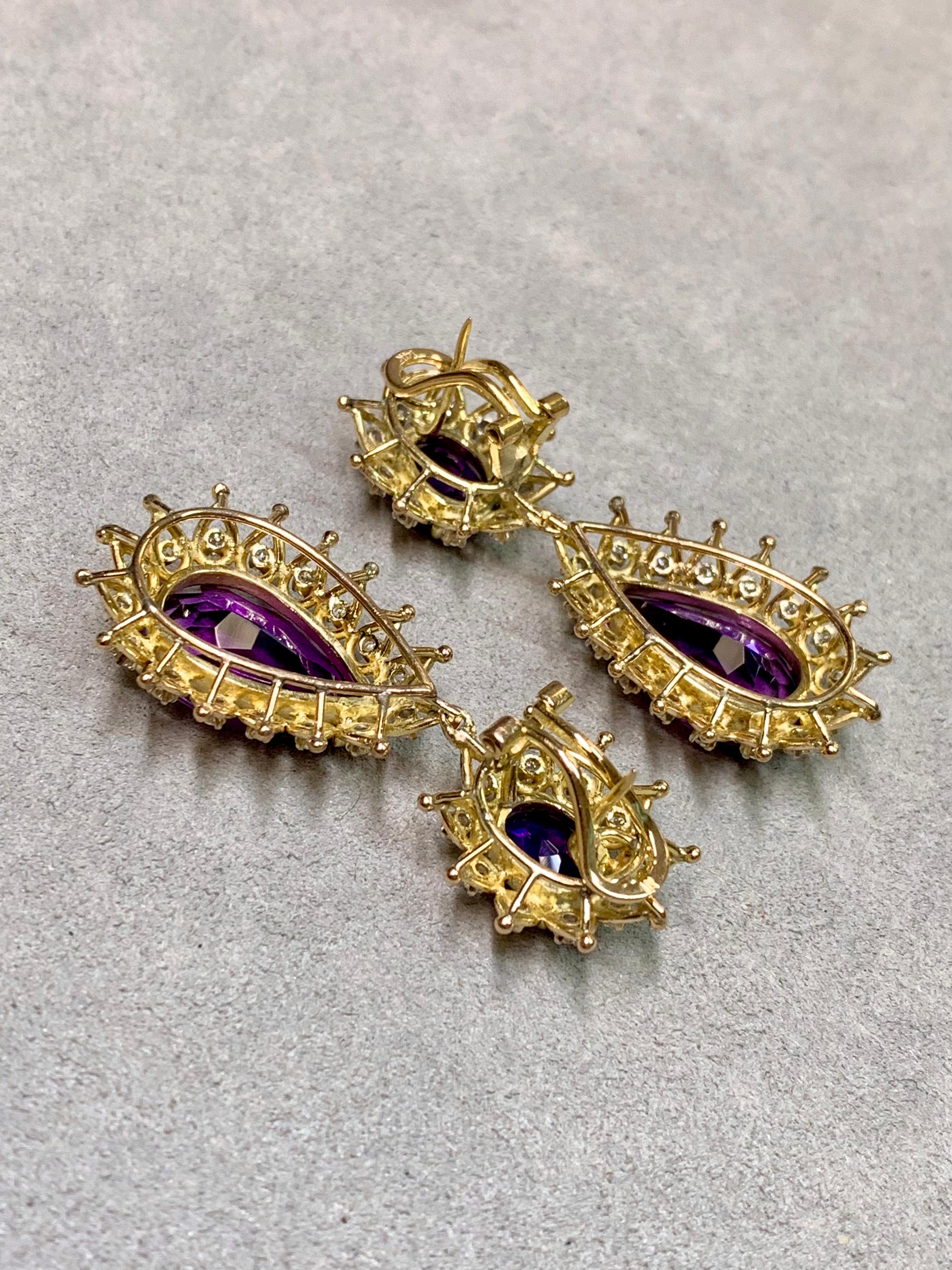 Women's or Men's Vintage 14K Yellow Gold Pear Amethyst Diamond Drop Omega Back Earrings 22.56ctw For Sale