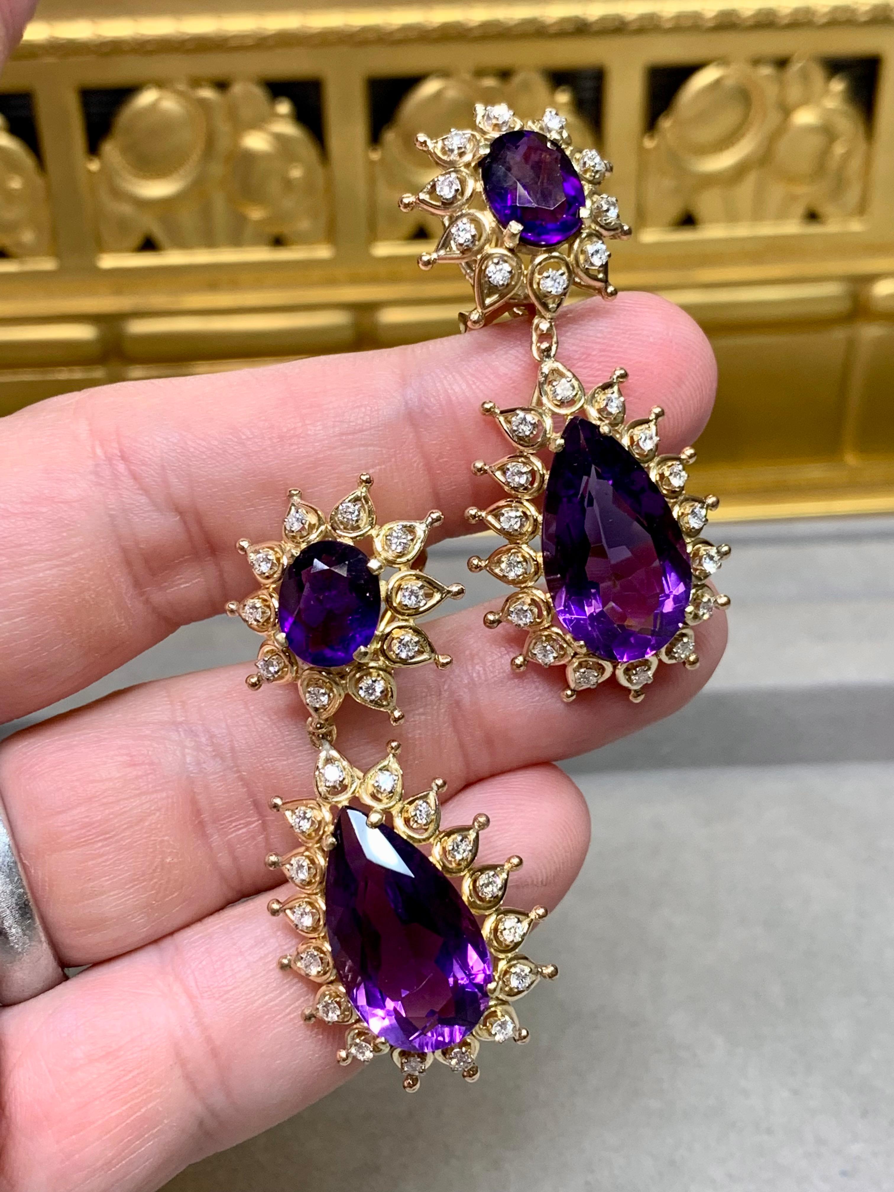 Vintage 14K Yellow Gold Pear Amethyst Diamond Drop Omega Back Earrings 22.56ctw For Sale 1