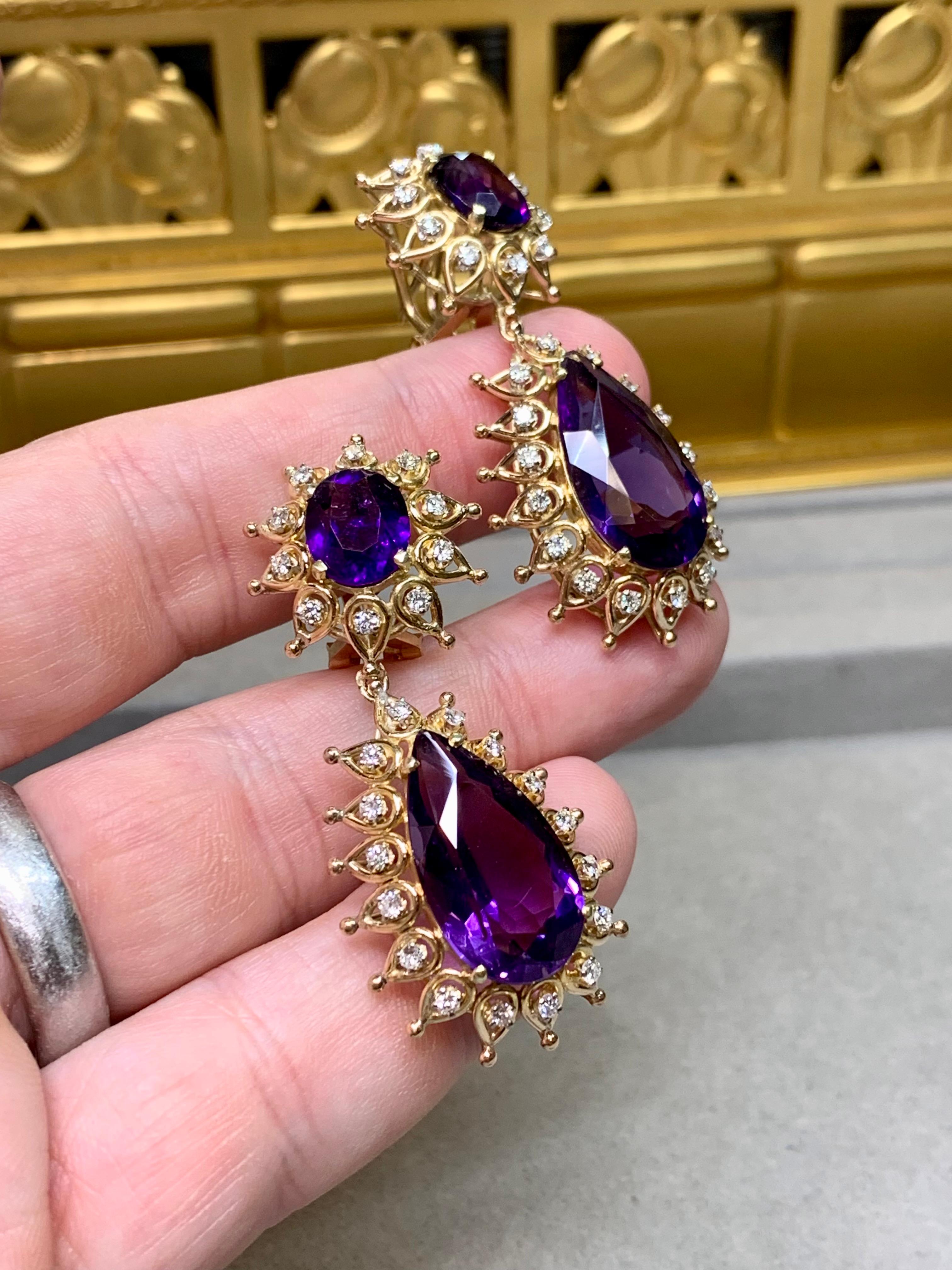 Vintage 14K Yellow Gold Pear Amethyst Diamond Drop Omega Back Earrings 22.56ctw For Sale 2