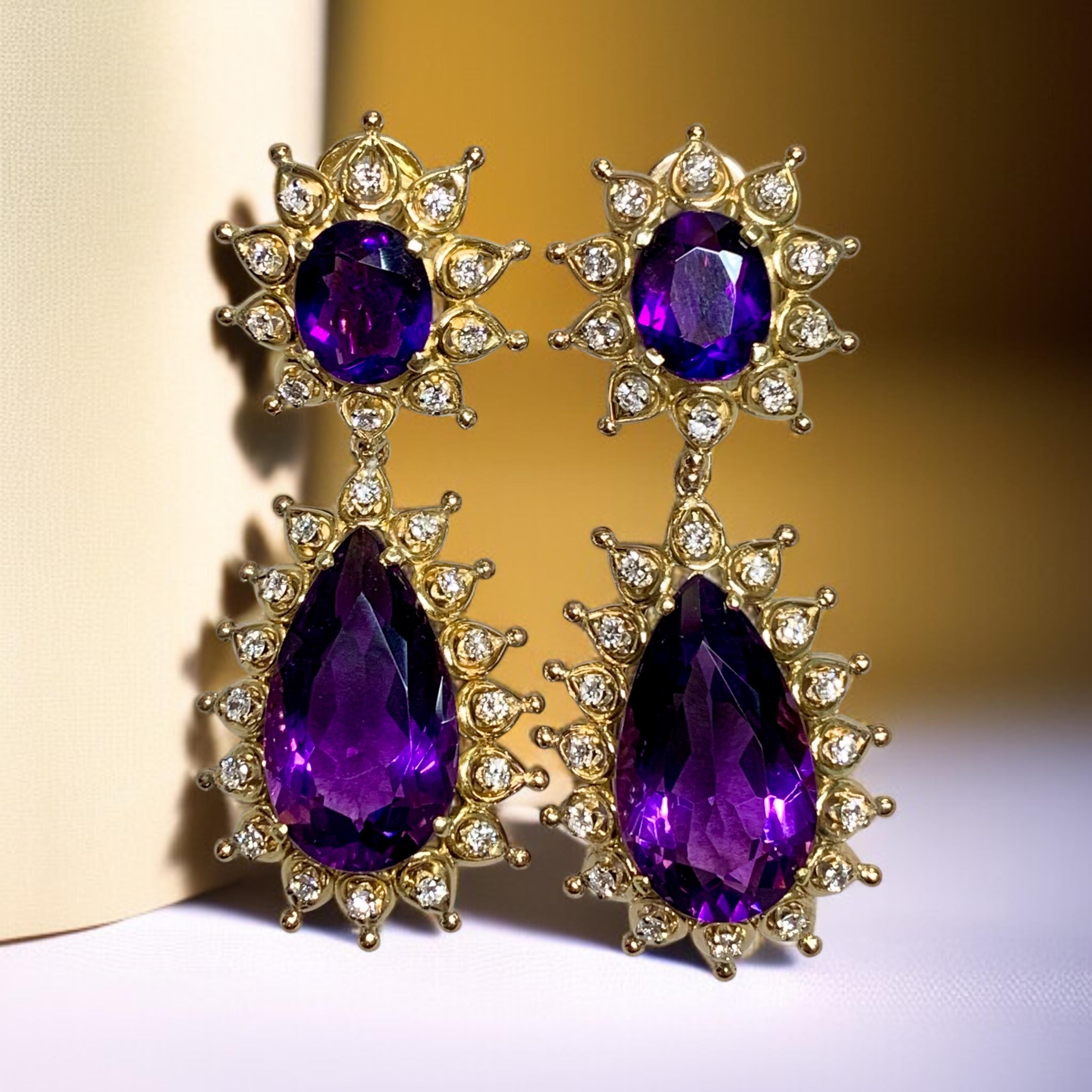 Vintage 14K Yellow Gold Pear Amethyst Diamond Drop Omega Back Earrings 22.56ctw For Sale 3