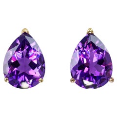 Vintage 14k Yellow Gold Pear Shaped 12.04ctw Amethyst Stud Earrings
