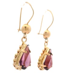 Vintage 14k Yellow Gold Pear Step Cut Purple Stones Teardrop Hook Earrings